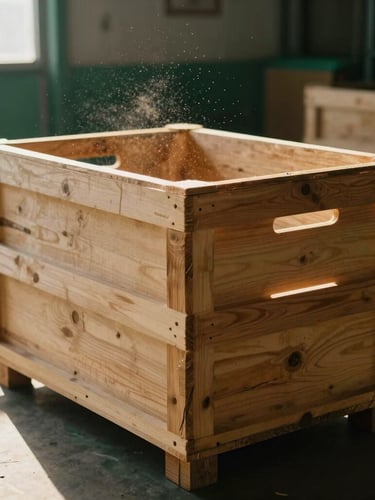 A wooden shipping crate being carefully sealed in a sunlit warehouse, dust motes in the air, warm editorial photography, 35mm.