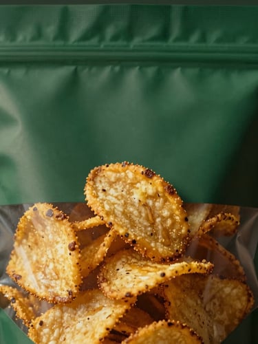 Close-up of minimalist elegant packaging of vacuum-fried jackfruit chips, soft golden-hour light, deep emerald background, 35mm lens