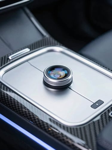 Close-up of a high-tech diagnostic scanner plugged into a modern luxury car dashboard, cool white LED lighting, sharp reflections on polished carbon fiber, macro lens, 35mm