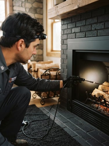 Professional chimney sweep inspecting a clean modern fireplace, over-the-shoulder diagnostic view, soft hearth firelight, shallow depth of field