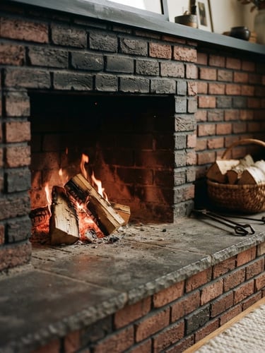 Close-up of a warm, clean masonry hearth with a subtle fire glowing, shallow depth of field, natural soft firelight, deep charcoal and brick red tones, no text.