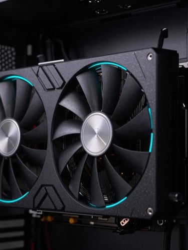 Macro shot of a high-end liquid-cooled graphics card inside a matte-black PC case, sharp cyan rim light, deep obsidian background, ultra-detailed textures