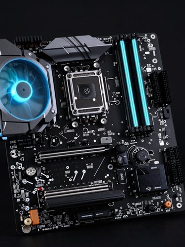 Macro shot of a sleek matte-black PC motherboard with glowing cyan liquid cooling tubes, dramatic low-key studio lighting, sharp cobalt rim light.