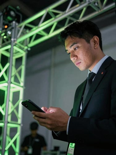 Dynamic low-angle editorial photo of an operations manager holding a mobile device backstage, sharp neon green stage lighting reflecting off steel trusses, shallow depth of field, 35mm