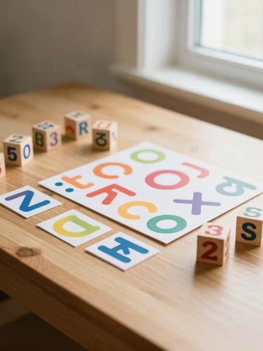 Clean composition of physical literacy materials, colorful wooden letter blocks arranged on a warm wooden desk, soft natural morning light from a side window, 35mm