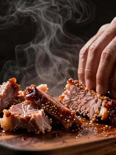 Dramatic close-up of slow-cooked pork carnitas being chopped on a dark wooden board, steam rising, warm side lighting, rich dark background, 50mm macro lens