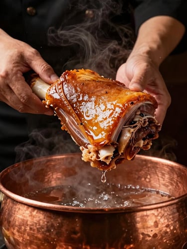 Dramatic food photography, chef hands lifting a golden pork shoulder from a steaming copper pot, warm lighting, rich dark background