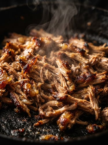 Tight macro shot of glistening slow-cooked pork carnitas, steam rising from freshly cut meat, rich dark background, dramatic side lighting