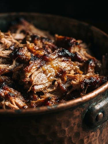 Dramatic food photography, close-up of glistening slow-cooked carnitas in a traditional copper pot, warm directional side-light, dark rich background