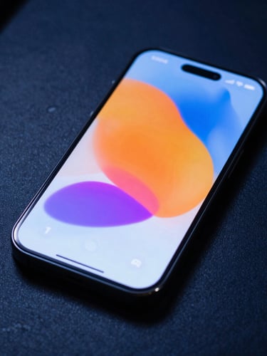 Sleek modern smartphone displaying a high-contrast interface with orange accents, resting on a dark matte surface under cool blue ambient light.