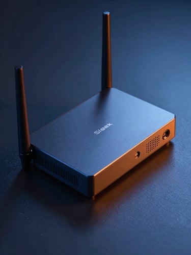 Sleek modern home internet router on a dark matte surface, cool blue ambient light with high-contrast orange key lights reflecting off clean geometric lines, tight macro shot, professional tech photography.