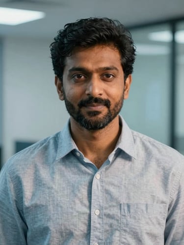 Approachable portrait of Dileep Dileep in a clean, modern Brampton office setting, high-contrast style with cool blue ambient light and warm orange key light, looking directly at the camera