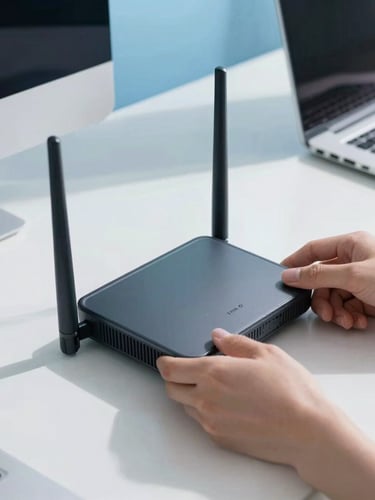 Close-up of hands installing a high-performance router in a modern home office, clean blue and grey tones, bright natural daylight, crisp focus.