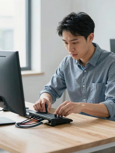 A professional IT technician in a bright Whitby home office, organizing network cables and configuring a router on a clean wooden desk, natural daylight, cool blue tones