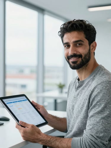 A professional portrait of Umer Ali in a bright, modern office in Whitby, natural daylight, cool blue tones, holding a tablet with clean diagnostic interface, crisp focus