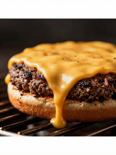 Extreme close-up of a sizzling smash burger on a hot metal grill, melting cheddar cheese dripping down the sides, dramatic warm side-lighting, dark charcoal background, macro shot