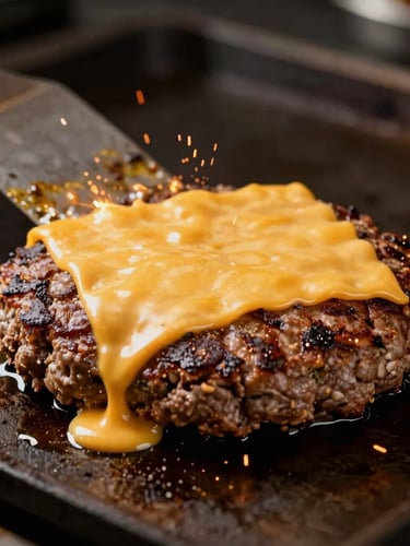 A smashed beef burger patty with melted cheddar cheese sizzling on a flat top griddle.