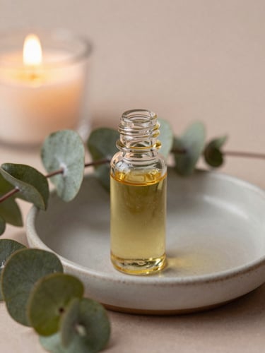 Close-up macro shot of warm botanical oils in a ceramic dish beside fresh eucalyptus leaves, soft candlelit glow, muted earth tones, shallow depth of field, 35mm