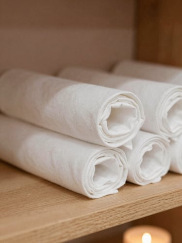 Close-up macro shot of pristine white rolled linens on a clean wooden shelf, soft warm lighting, minimalist aesthetic, shallow depth of field, 35mm