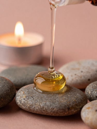 Close-up macro shot of warm botanical oils being poured over smooth river stones, soft candlelit glow, shallow depth of field, warm rose-clay tones.