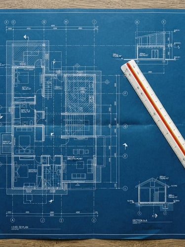 Overhead flat lay of technical blueprints, crisp white lines on deep blue paper, engineering scale ruler, clean studio lighting, sharp focus, 35mm