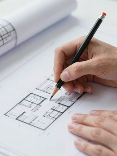 Close-up of clean hands marking up architectural schematics with a technical pencil, bright cool daylight, sharp focus, architectural office setting, 35mm