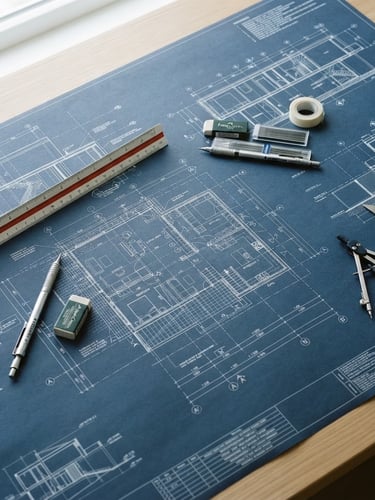 Overhead view of sharp blueprint layouts on a clean desk, architectural scale ruler, technical drawing instruments, bright cool daylight, 35mm