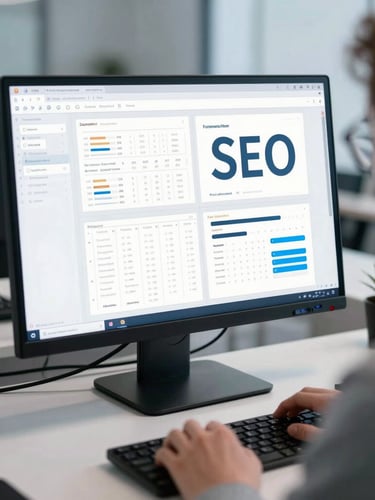 Over-the-shoulder shot of a digital designer in a clean Frankfurt office, high-resolution screen showing UI wireframes and SEO analytics charts, cool blue and white ambient lighting, sharp focus.