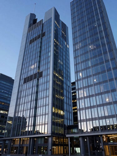 Wide architectural shot of Frankfurt's digital hub at dusk, clean modern steel and glass facades reflecting cool blue light, sharp perspective, negative space on the left