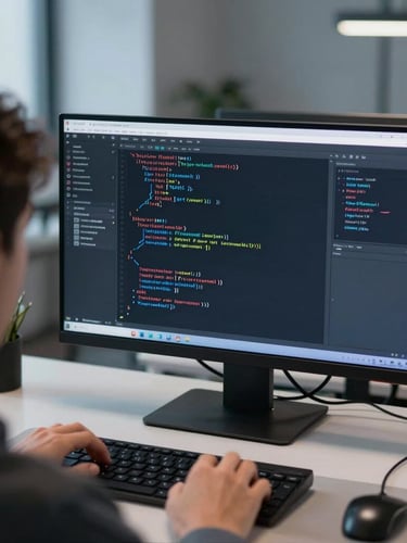 Over-the-shoulder perspective of a developer working on TypeScript architecture in a dark-themed code editor, sharp focus on the screen, cool blue and white ambient lighting, clean modern office environment in Frankfurt, portrait orientation