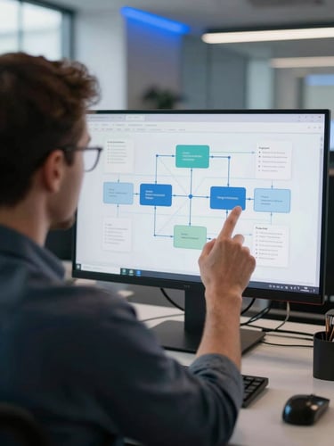 Over the shoulder view of an IT consultant in a clean Frankfurt office pointing at a structured system architecture diagram on a monitor, cool daylight mixed with blue LED ambient light