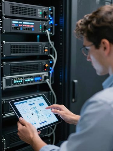 Over-the-shoulder shot of a system administrator in a clean Frankfurt server room, cool blue and white ambient light, focusing on a tablet displaying network architecture diagrams.