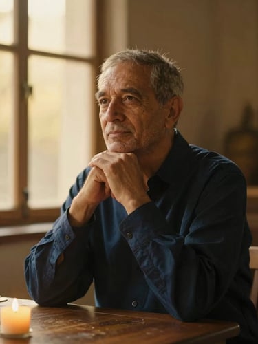 An atmospheric, respectful portrait of a spiritual guide in deep thought, soft golden-hour window light, warm editorial style