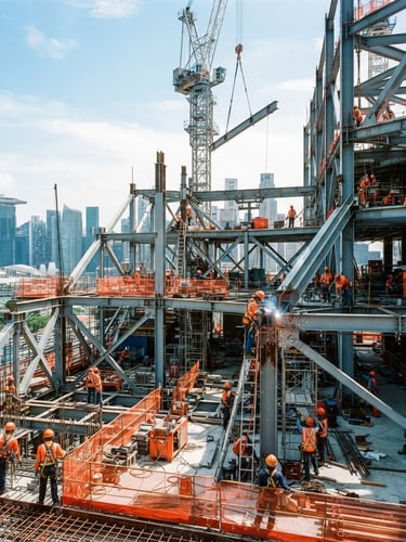 Wide-angle industrial documentary photography of an active Singapore construction site at midday, structural steel framing under high-contrast daylight, cool steel tones with high-visibility orange accents.
