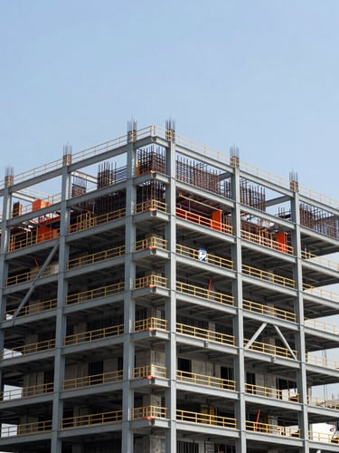 High-contrast industrial documentary photography of a completed upgrading project in Singapore, showing structural steel and concrete retrofitting under bright daylight.