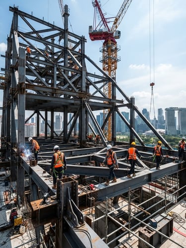 Wide-angle industrial documentary photography of a Singapore construction site with heavy structural steel framing under crisp, high-contrast daylight, steel gray tones and safety orange accents.
