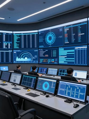 Wide-angle view of a modern, high-tech control room with multiple screens displaying abstract data visualizations, cool blue and white lighting, sharp focus, 35mm lens, editorial corporate photography