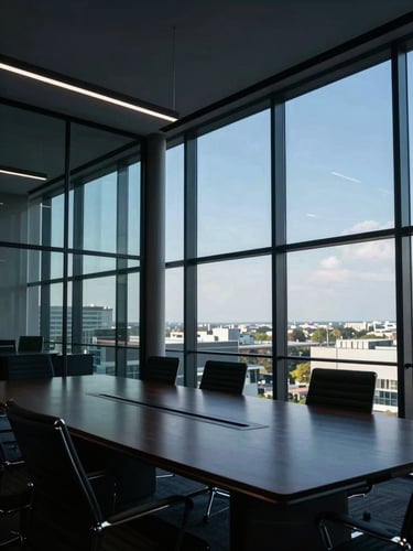 Dramatic high-contrast architectural shot of a modern corporate boardroom with glass walls, cool daylight filtering through, sharp focus, 35mm lens