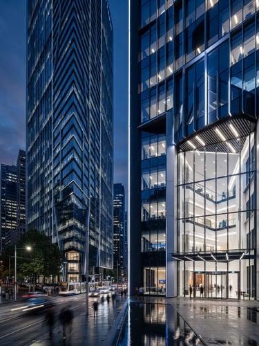 Wide panoramic shot of a modern, high-contrast corporate building facade at dusk, sharp lines, deep charcoal and royal blue reflections, cool architectural lighting, right third focus.