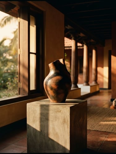Dramatic golden-hour interior of a luxury Kerala villa, warm sunbeams casting deep shadows across a single terracotta sculptural vase on a raw concrete pedestal, architectural framing, medium format film
