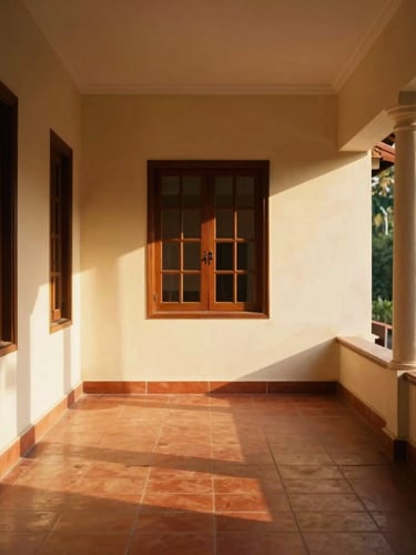 Architectural composition of a high-end Kerala villa veranda, dramatic golden-hour sunbeams cutting across terracotta floors, warm editorial interior photography