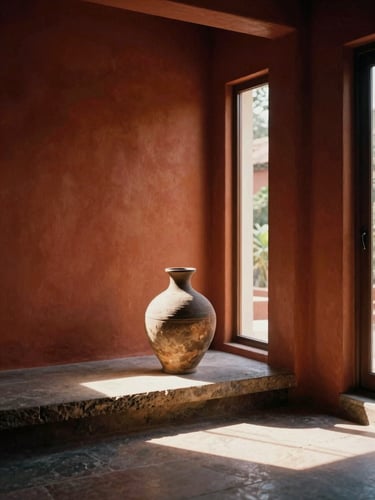Dramatic natural light cutting across a warm terracotta-walled room in a Kochi villa, showcasing a single sculptural ceramic vase on a low stone plinth, deep shadows
