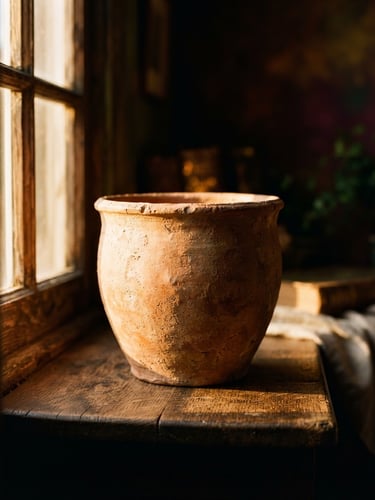 A single terracotta vessel catching dramatic golden-hour window light, deep shadows, warm editorial interior photography, medium format film