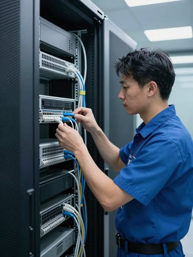 Professional technician in a clean SIPS uniform performing precise installation of structured cabling in a modern server room, focusing on connection details. Crisp architectural daylight, cool blue tones, high-contrast, professional 35mm lens.