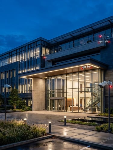 Wide shot of a modern commercial building exterior at dusk, secured with visible Hikvision surveillance cameras and perimeter lighting, crisp architectural daylight, cool blue and slate tones, high-contrast.