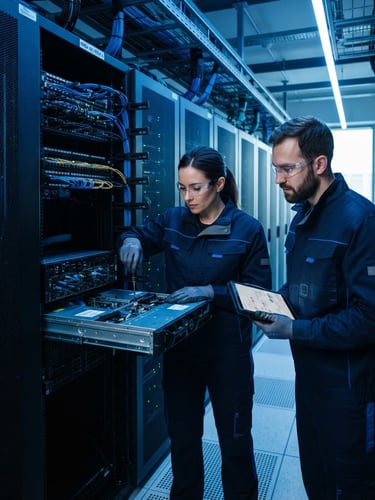 Professional SIPS technicians in clean uniforms performing precision work on a server rack in a modern data center, cool blue lighting, high-contrast, sharp corporate photography.