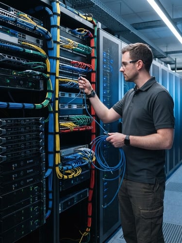 Professional technician working on a neatly organized server rack with color-coded structured cabling, illuminated by crisp architectural lighting, cool blue and slate tones, high-contrast, professional 35mm lens.