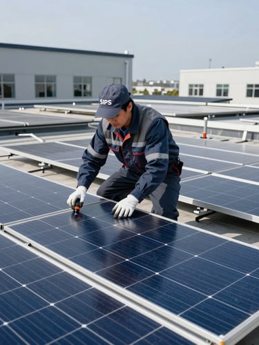 Professional SIPS technician in clean uniform performing precise installation of solar panels on a commercial rooftop, crisp architectural daylight, cool blue and slate tones, high-contrast, professional 35mm lens.