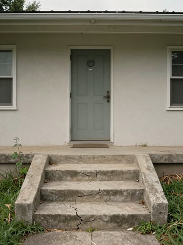 Close environmental shot of a vacant property exterior in flat overcast light — cracked concrete steps leading to a weathered front door, overgrown grass at the margins, documentary framing, no styling