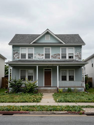 Wide environmental shot of a weathered two-story residential exterior under flat overcast daylight, peeling paint on wood siding visible, overgrown front yard, no people, documentary framing from across the street